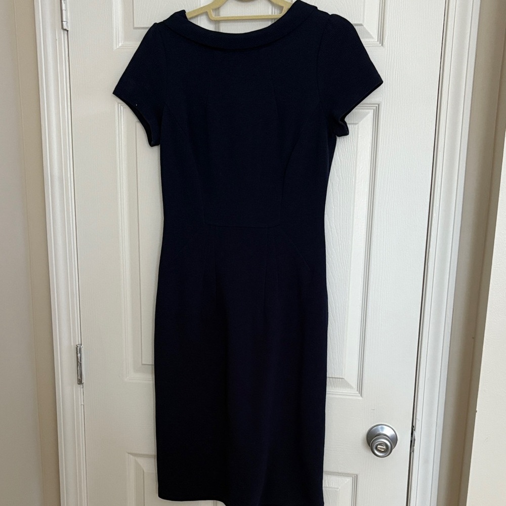 Boden Navy Short Sleeve Sheath Midi Dress v-back Details Mad Men 60s 6L Long